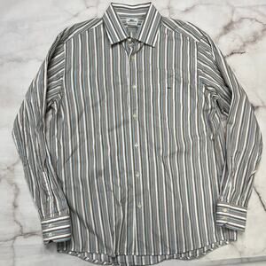 Lacoste Button Up Shirt Size 42 (L) Blue Beige Striped Logo Pocket Long Sleeve